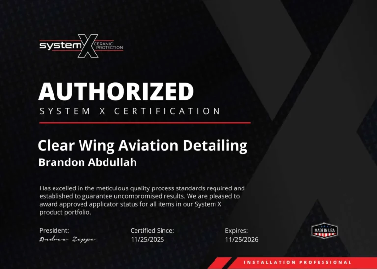 ClearWing Aviation Detailing authorized System X ceramic coating installer certificate